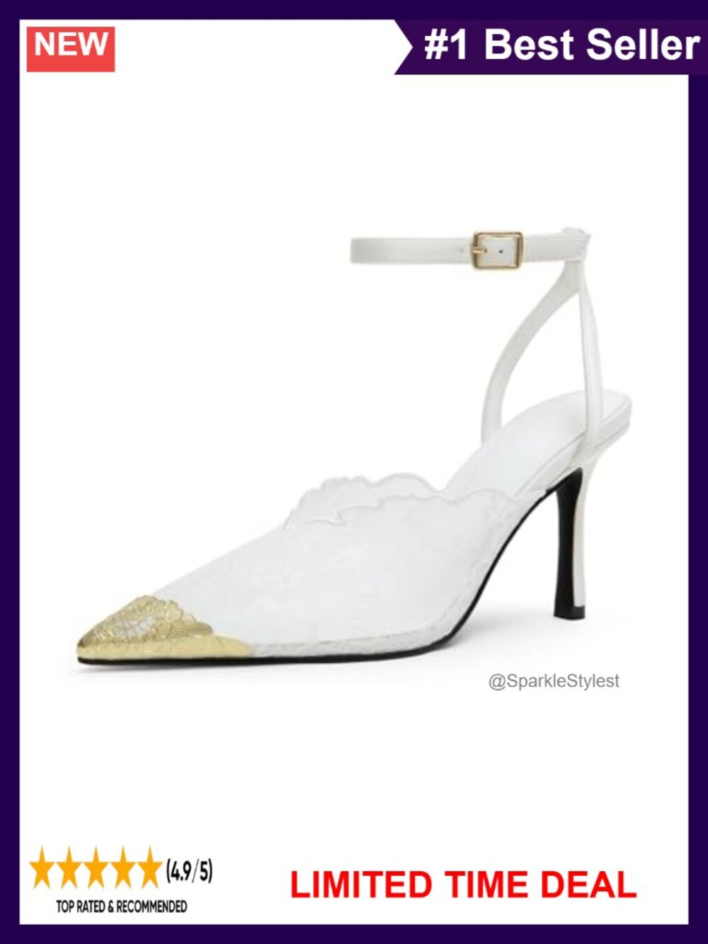 Women's Lace Stiletto Pumps Gold Cap Toe Ankle Strap Wedding Heels
